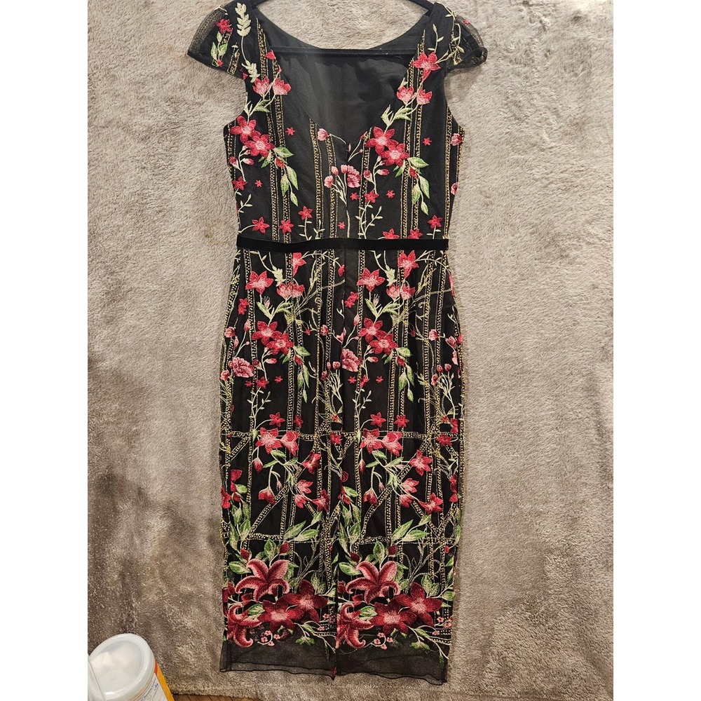 Marchesa Notte  Sz 6 Embroidered Mesh Midi Dress Cap Sleeve Belted‎ Formal #467H - Picture 8 of 15